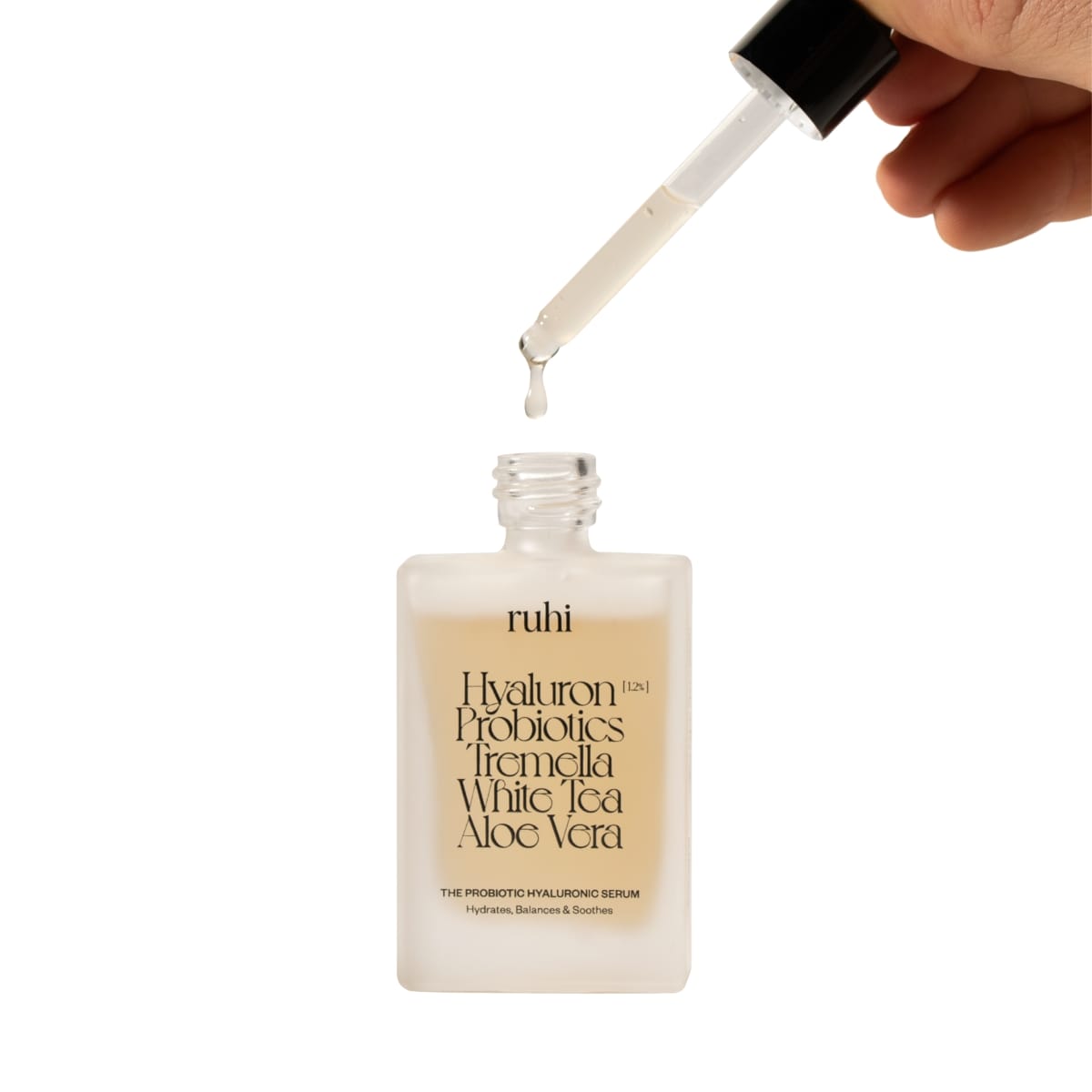 ruhi_Probiotic_Hyaluronic_Serum_30ml_Freisteller_Bottle_and_Oildrop